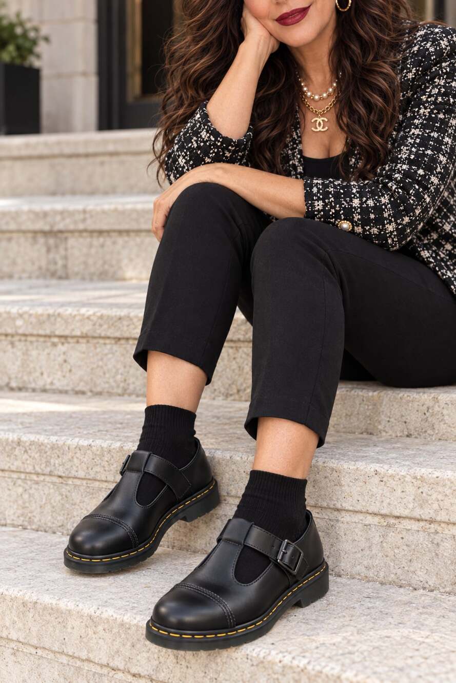 Dr. Martens Bethan T-Bar Platform Mary Jane Shoes in Black Smooth Leather